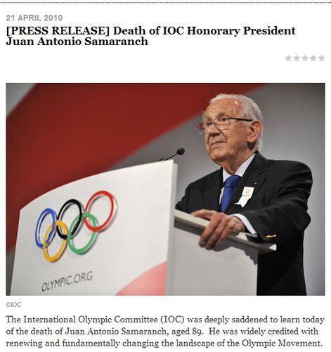 前国际奥委会主席萨马兰奇因心脏病去世